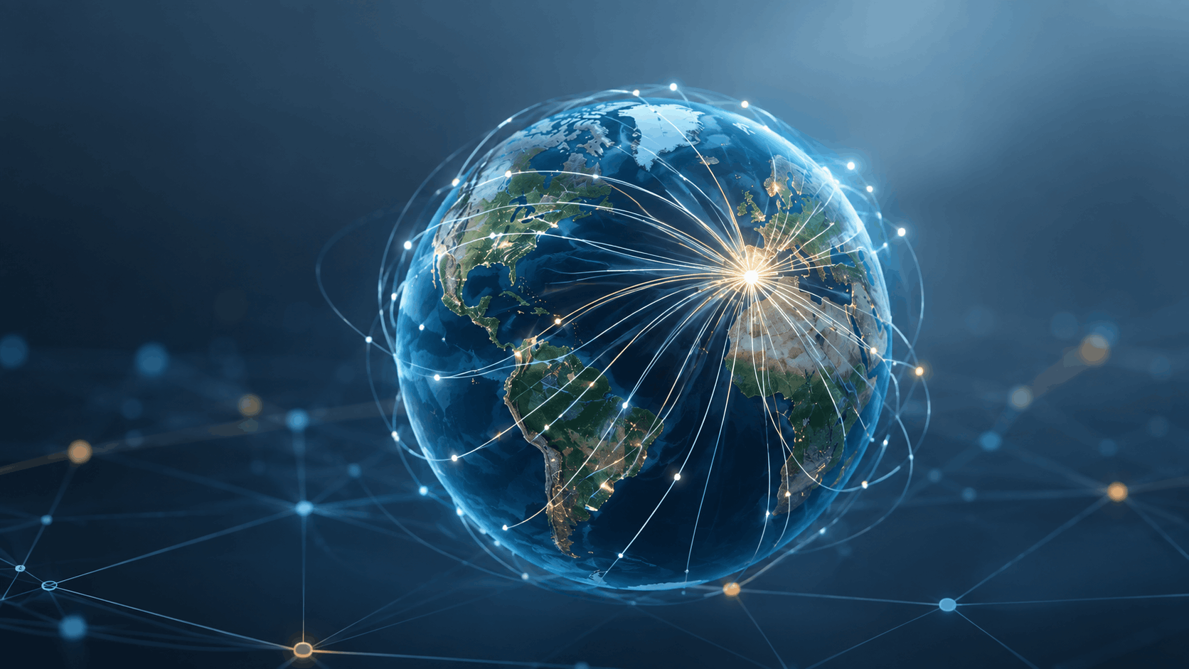Weltkarte mit verbundenen Standorten symbolisiert globale Unternehmenskommunikation